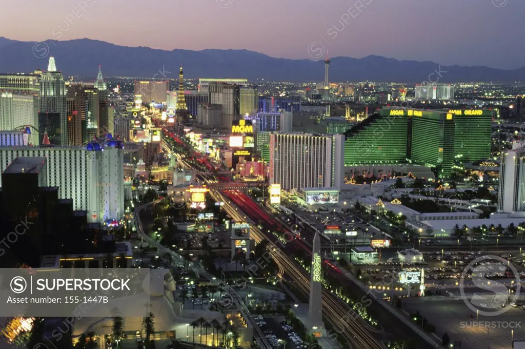 High angle view of a city at night, Luxor Hotel Casino, The Strip, Las Vegas, Nevada, USA