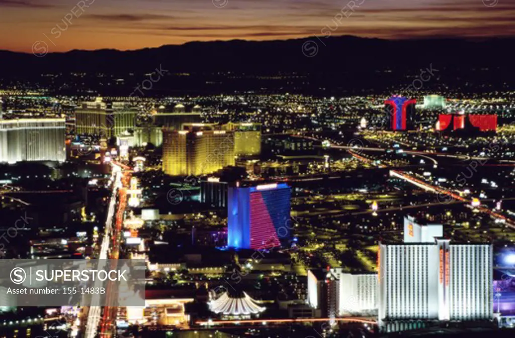 High angle view of a city lit up at dusk, Las Vegas, Nevada, USA