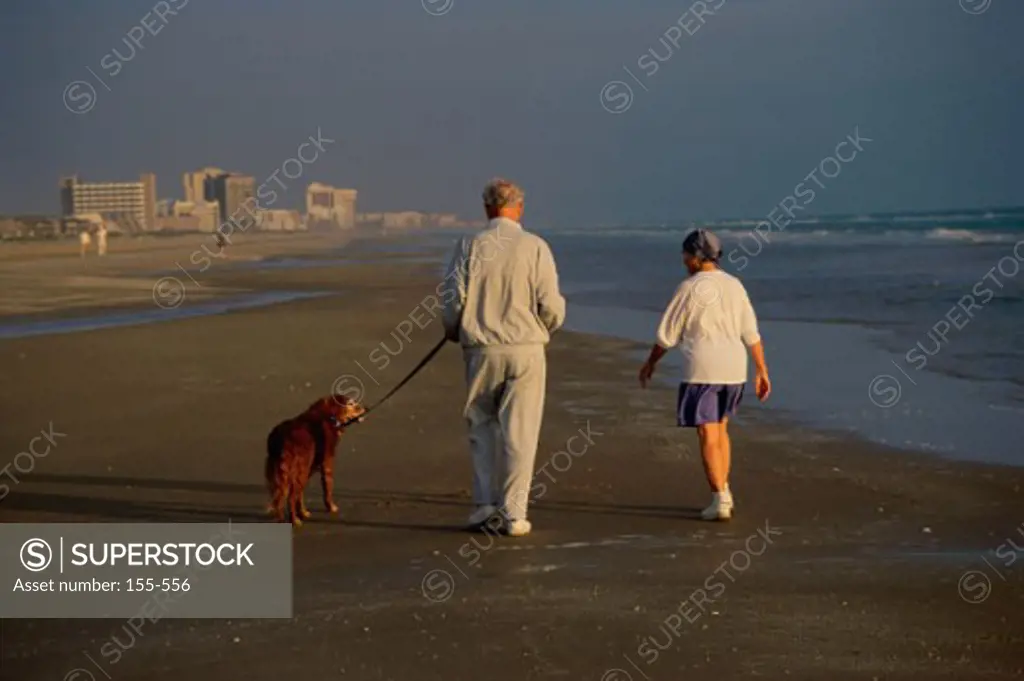 Senior couple walking with dog on the beach