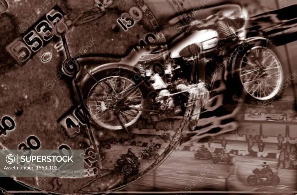 Close-up of a speedometer superimposed on a motorcycle's image