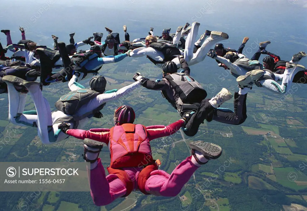 Group of people skydiving