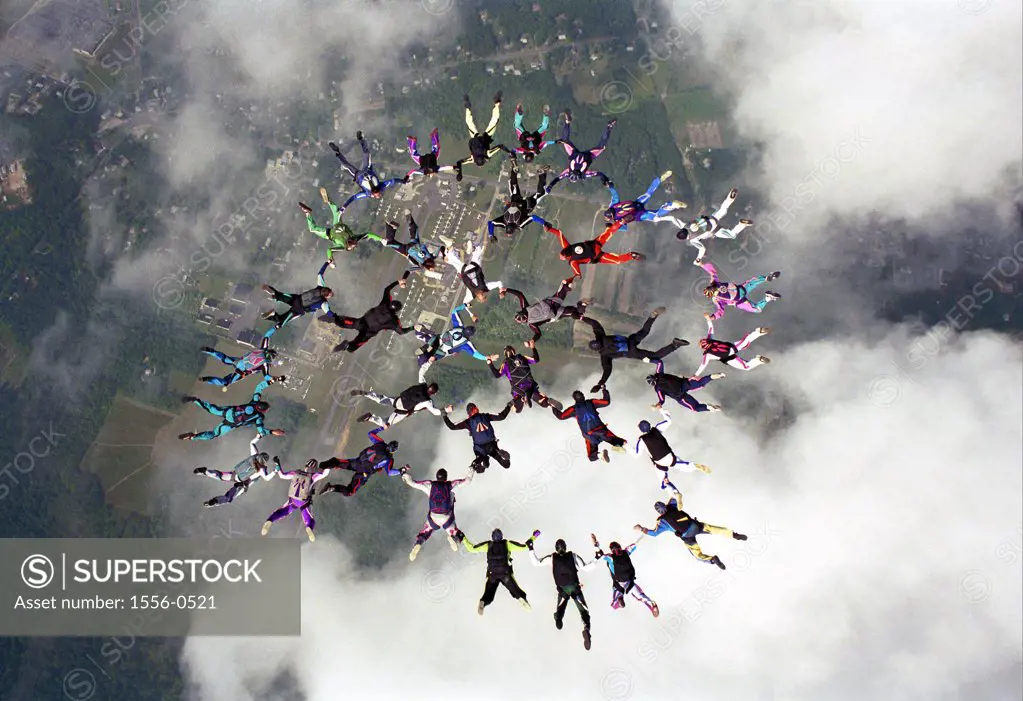 Group of people skydiving