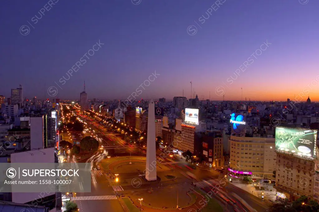Argentina, Buenos Aires, Avenida  9 de Julio, Plaza of de la Republica,  Obelisk, street scene, evening mood,  South America, capital, view at the cit...