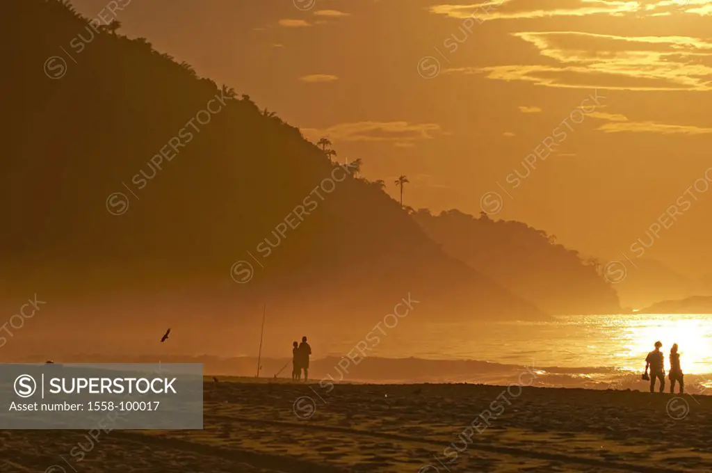 Brazil, Rio de Janeiro, Praia de Copacabana, silhouette, people,  Sunset,  South America, capital, coast, beach, sandy beach, beach, tourists, walk, r...
