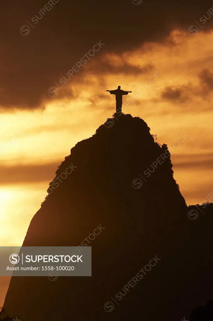 Brazil, Rio de Janeiro, Corcovado, Summits, silhouette, Christus-Statue, Evening mood,  South America, capital, mountain, statue, monument, Jesus Chri...