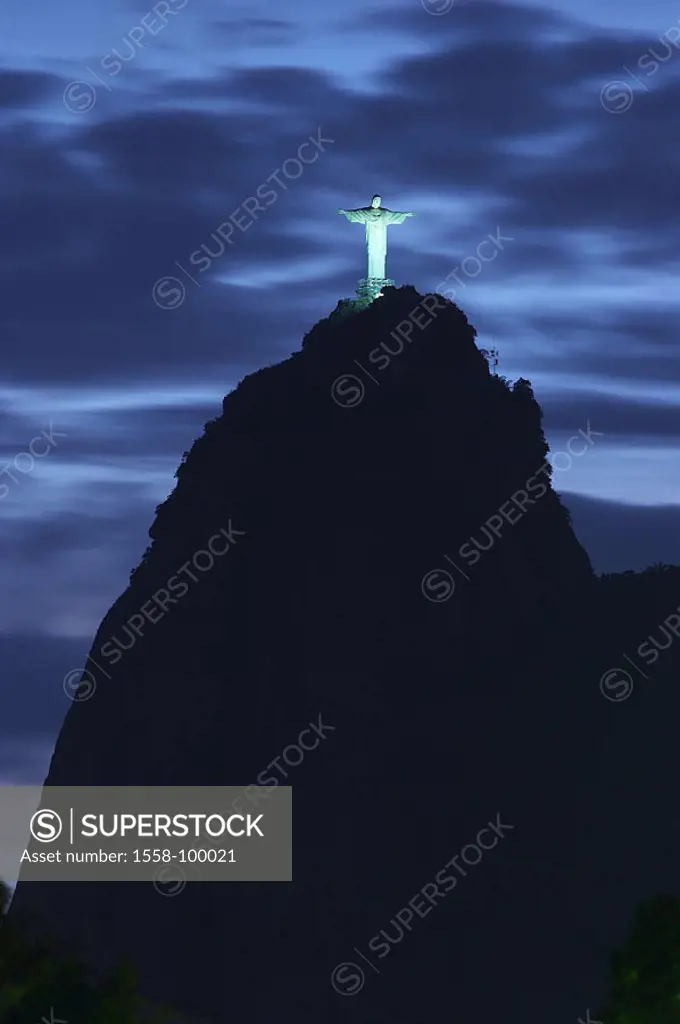 Brazil, Rio de Janeiro, Corcovado, Summits, silhouette, Christus-Statue, Illumination, evening,  South America, capital, mountain, statue, monument, J...