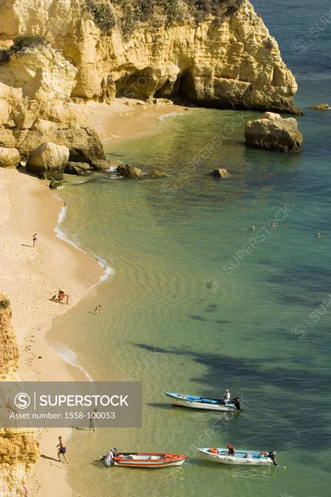 Portugal, Algarve, Lagos, Felsküste, Bay, swimmers, overview,   Iberian peninsula, Atlantic, Algarveküste, steep coast, sandstone rocks, rocks, rock f...