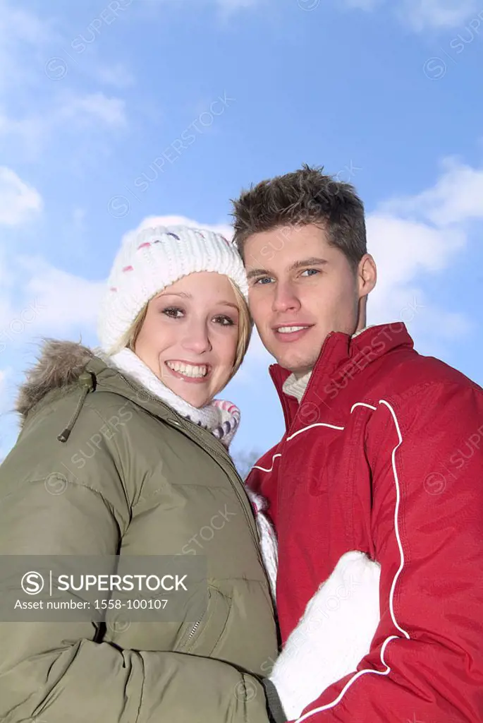 Fallen in love couple, young, smiling, portrait,    Series, 20-30 years, youth, happily, love affection partnership, relationship, season, winters, ou...