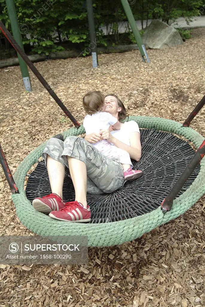Playground, trampoline, mother, daughter,  Fun, lie,   Woman, 30-40 years, parent, leisure time, child, toddler, girls, 1-2 years, fun, happiness, ple...