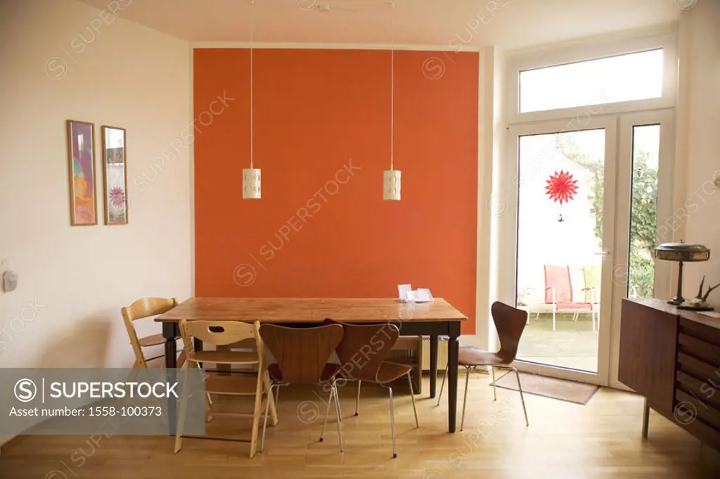 Apartment, Essecke,    Living space, dining rooms, living rooms, Essbereich, dining table, table, empty, chairs, wall orange, terrace door, lives, qui...