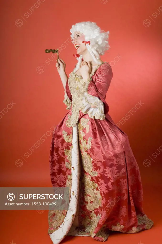 Woman, wig, dress, rococo, binoculars, Gesture, laughing,   Series, 20-30 years, white-haired, outfit, splendidly, decorates, hooped skirt, snooty, re...