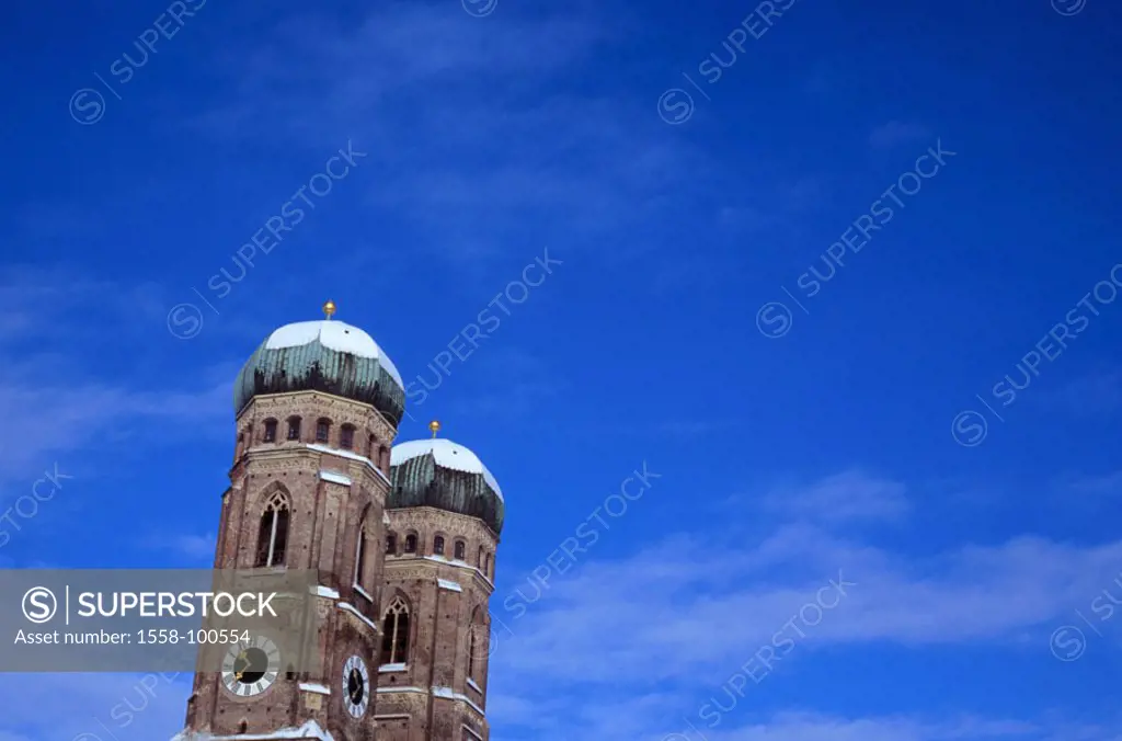 Germany, Upper Bavaria, Munich, Women church, detail, towers, winters,   Bavaria, city center, cathedral to our dear wife, steeples, twin towers, cons...