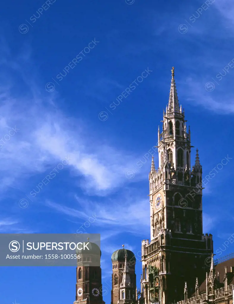 Germany, Upper Bavaria, Munich, Town hall tower, women church, steeples, Detail,  Bavaria, city center, cathedral to our dear wife, towers, twin tower...