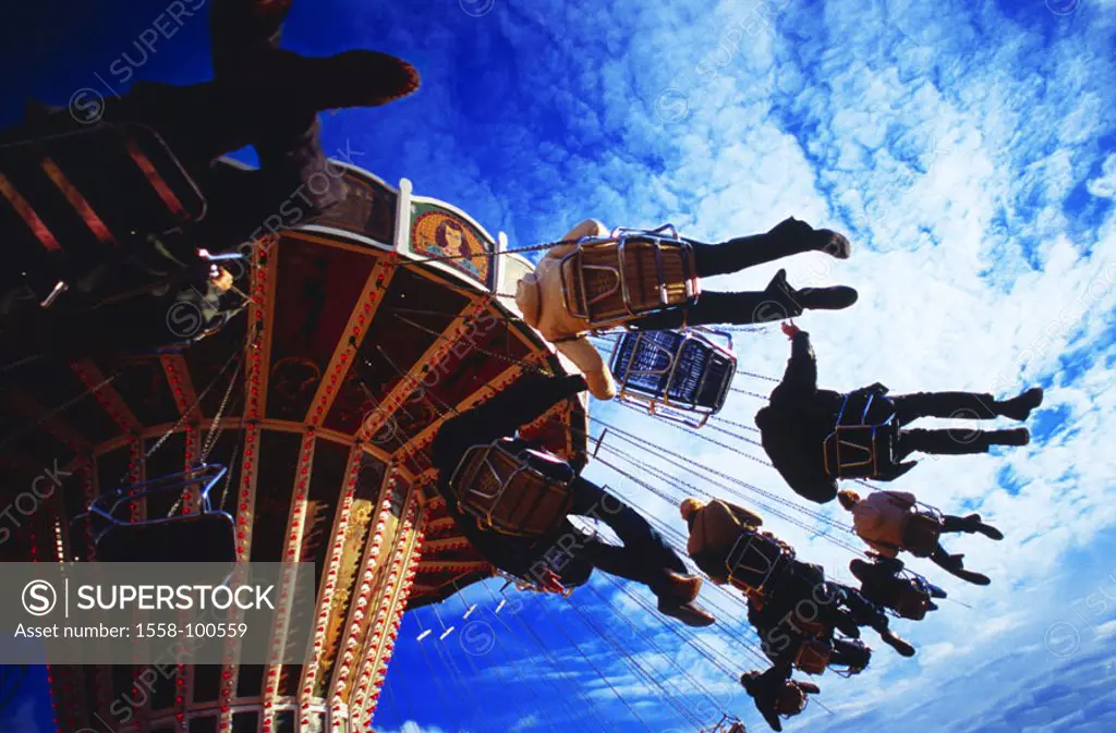 Germany, Upper Bavaria, Munich,  Oktoberfest,  carousel, movement, from below, back light,  Bavaria, Wiesn, amusement park, driving business, carousel...