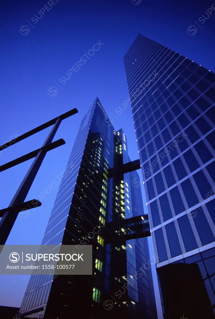 Germany, Upper Bavaria, Munich, Office skyscrapers, ´HighLight towers´,  Detail, from below, twilight,  Bavaria, München-Schwabing, building complex, ...