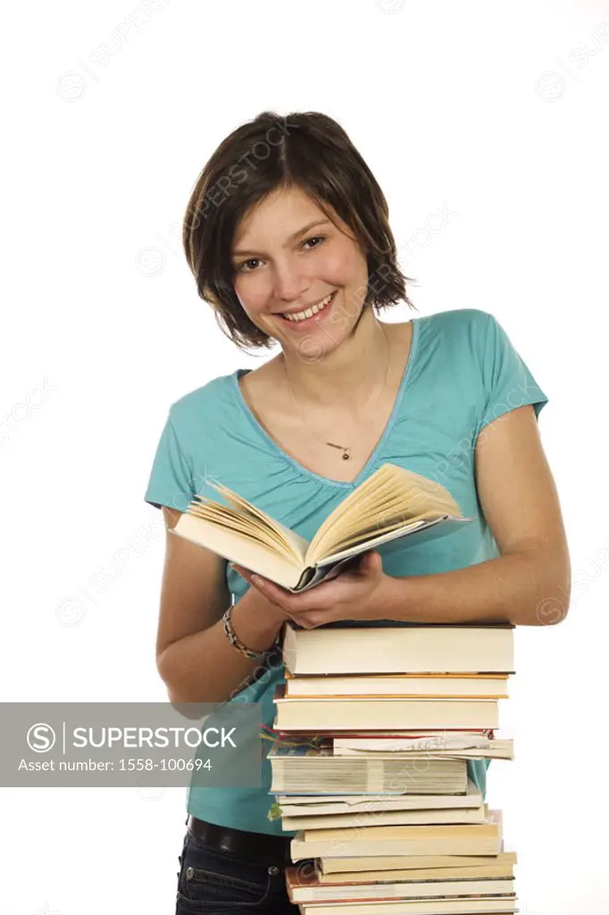 Teenager, Bücherstapel, book, read,  smiling, Halbporträt,   Series, 20-30 years, woman, young, brunette, gaze camera, stack, books, lexicons, cheerfu...