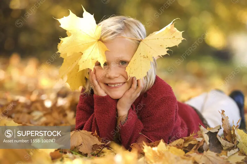 Girls, smiling, maple abandoned, yellow,  lie, portrait,   Series, child, 7 years, blond, cheerfully, happily, gaze camera, prone position, childhood,...