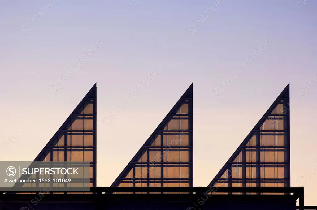 Office buildings, roof, detail,  Roof construction, evening mood,   Office house, windows, steel glass construction, architecture, symbol, forms, tria...