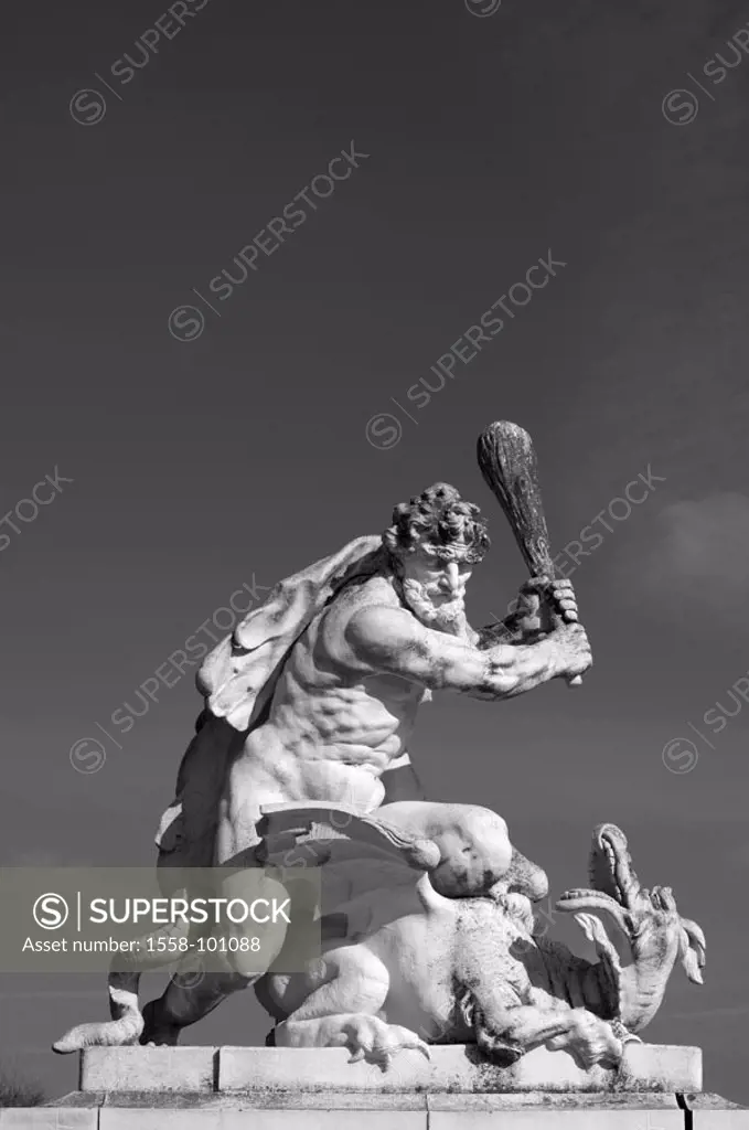 Germany, Baden-Württemberg,  Karlsruhe, palace yard, sculpture,  Hercules, hell dog Zerberus, s/w,  Palace, statue cycle, monument, ´dragon killers´, ...