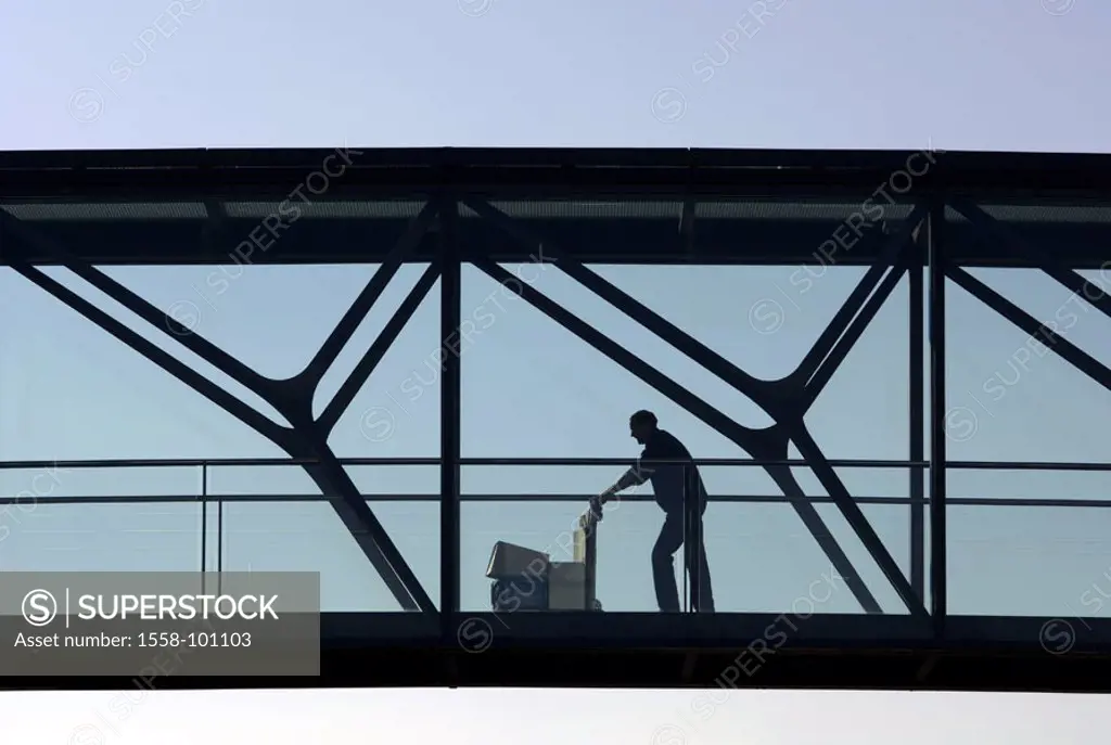 Office buildings, connection tunnels, Glass facade, silhouette, person, Carts, pushing, on the side, , Architecture, buildings, glass bridge, man, wor...