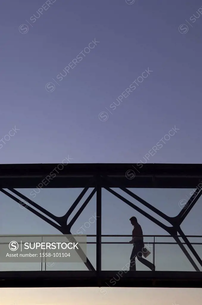 Office buildings, connection tunnels, Glass facade, silhouette, person, going, on the side, , Architecture, buildings, glass bridge, businessman, man,...
