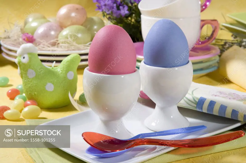 Easter, breakfast table, festive,  Eierbecher, Easter eggs, colorfully,   Easter breakfast, breakfast, dishes, place setting, eggs, colored, pink, blu...