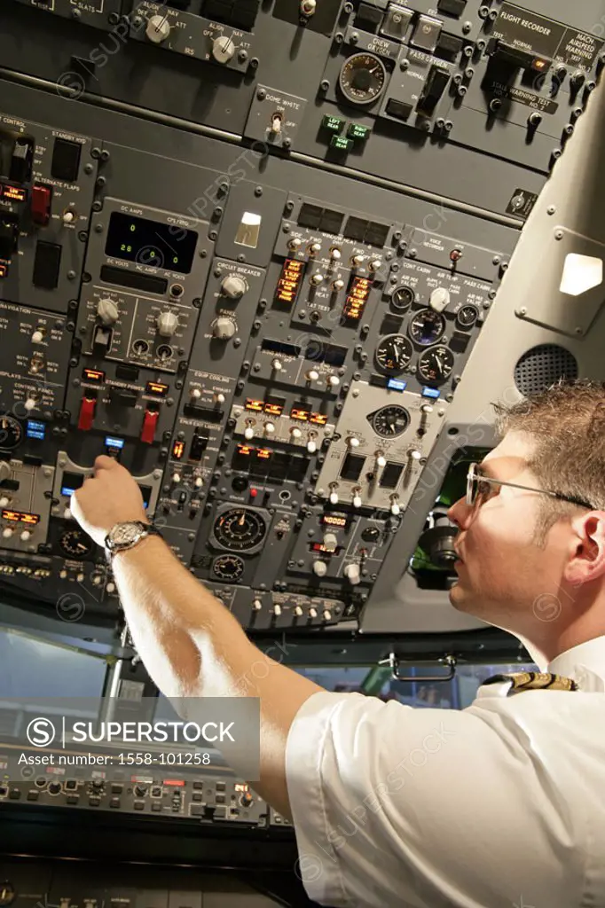 Passenger airplane, cockpit, Copilot, Instruments, service, detail,   Series, pilots, man, pilot, shoulder gaze, smiling, airplane, Boeing 737-700, ar...