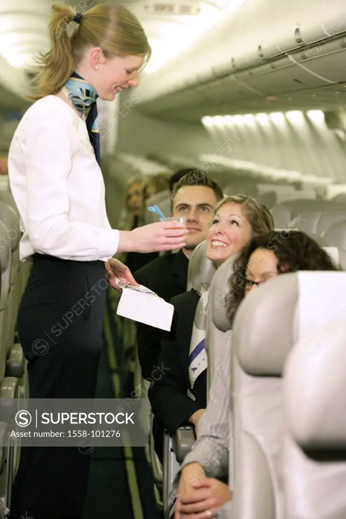 Passenger airplane, passengers,  Flight companion, beverage, serves,  Detail, on the side,  Series, airplane, Boeing 737-700, woman, personnel, serves...