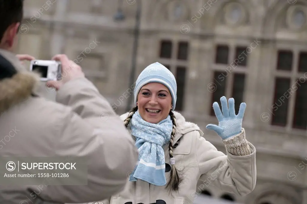 Austria, Vienna, couple, city strolls, photographs, happy,  Detail, winters,  Capital, state opera, Albertina, tourist couple, laughing sightseeing, d...