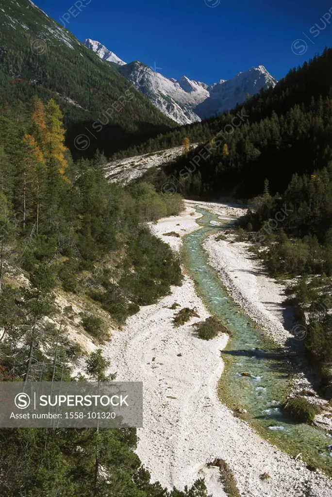 Austria, Tyrol, Hinterautal,  River landscape, Karwendel,   isolated Europe, landscape, nature, river, Isar, Isar origin, riverbed, grit bed, vegetati...