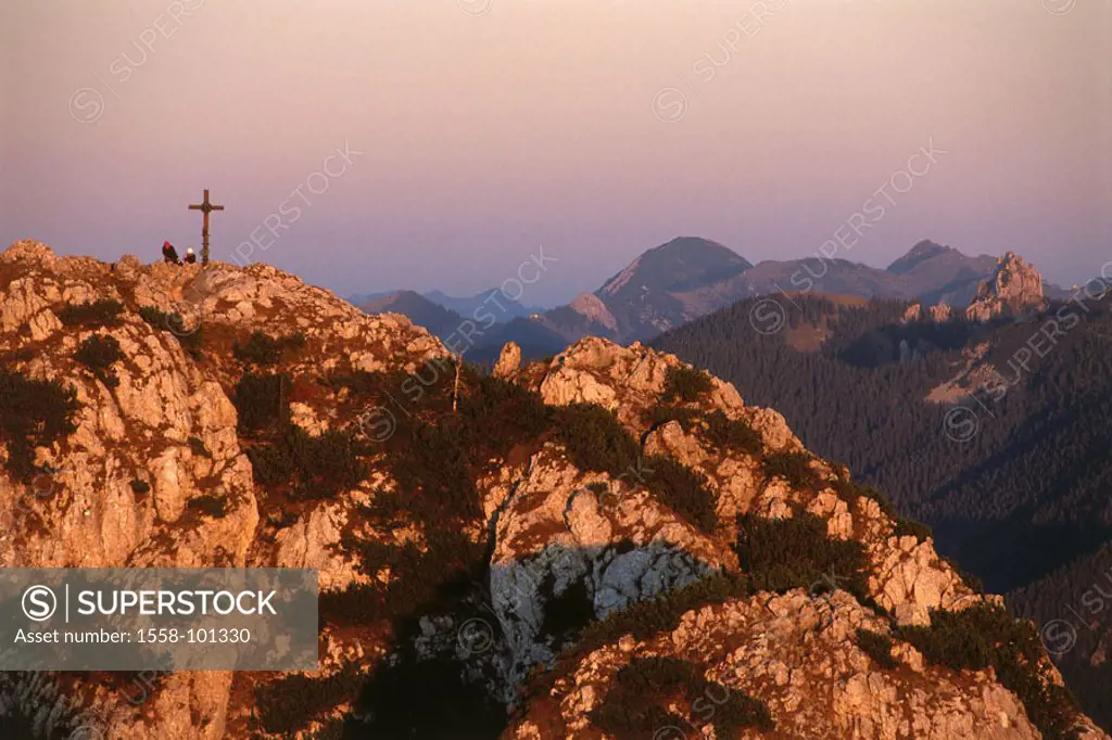 Mountain, summits, cross, mountain climbers,  Dusk, book stone, Bavaria,  Germany,  Upper Bavaria, Alps, Tegernseer mountains, Voralpen, outlook, high...