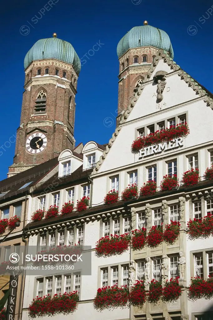 Germany, Bavaria, Munich,  row of houses, Hirmer house, Frauenkirche, Detail, towers, Southern Germany, Upper Bavaria, houses, house facades, flower j...