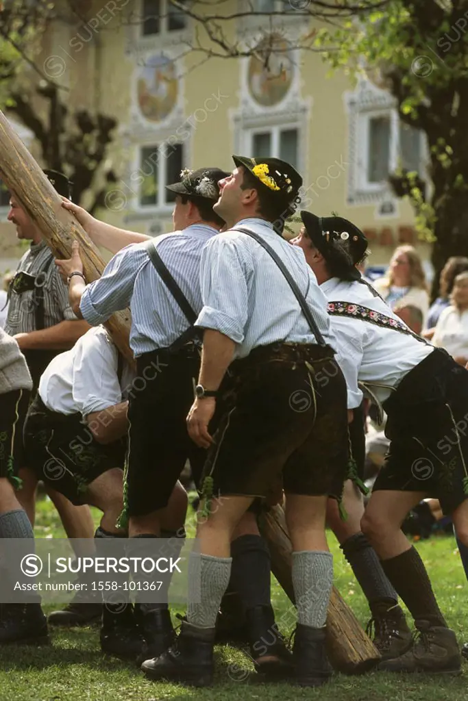 Men, traditional costume, maypole, positions, Germany, Upper Bavaria, Mittenwald, , Bavaria, development rock, 1. May, holiday, natives, Maibaumaufste...