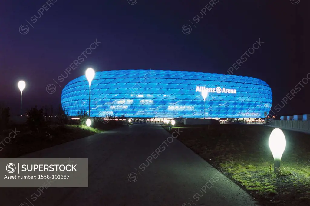 Germany, Bavaria, Munich,   Football stadium, alliance arena, facade,  illuminate, blue, no property release,  Southern Germany, Upper Bavaria, Fröttm...
