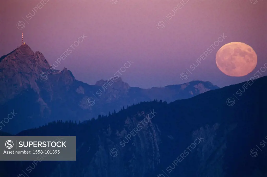 Mountains, summits, full moon, evening,  Germany, Upper Bavaria, helix stone,   Bavaria, Alps, mountains, mountain , heaven, evening mood, moon, heave...