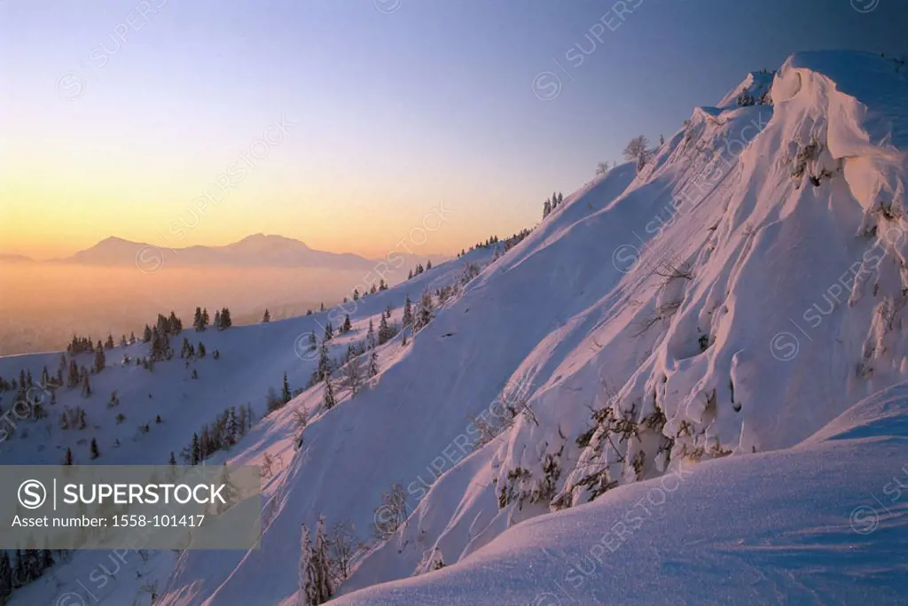 Germany, Bavaria, Hirschberg,  Winter landscape, morning red,   Southern Germany, Upper Bavaria, Bavarian Alps, mountain, Ostflanke, highland, mountai...