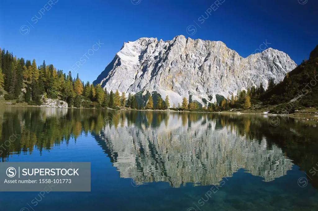 Austria, Tyrol, Zugspitzmassiv,  Sebensee, reflection,  Water surface,  Zugspitze, mountains, highland, mountains, mountain landscape, mountain massif...