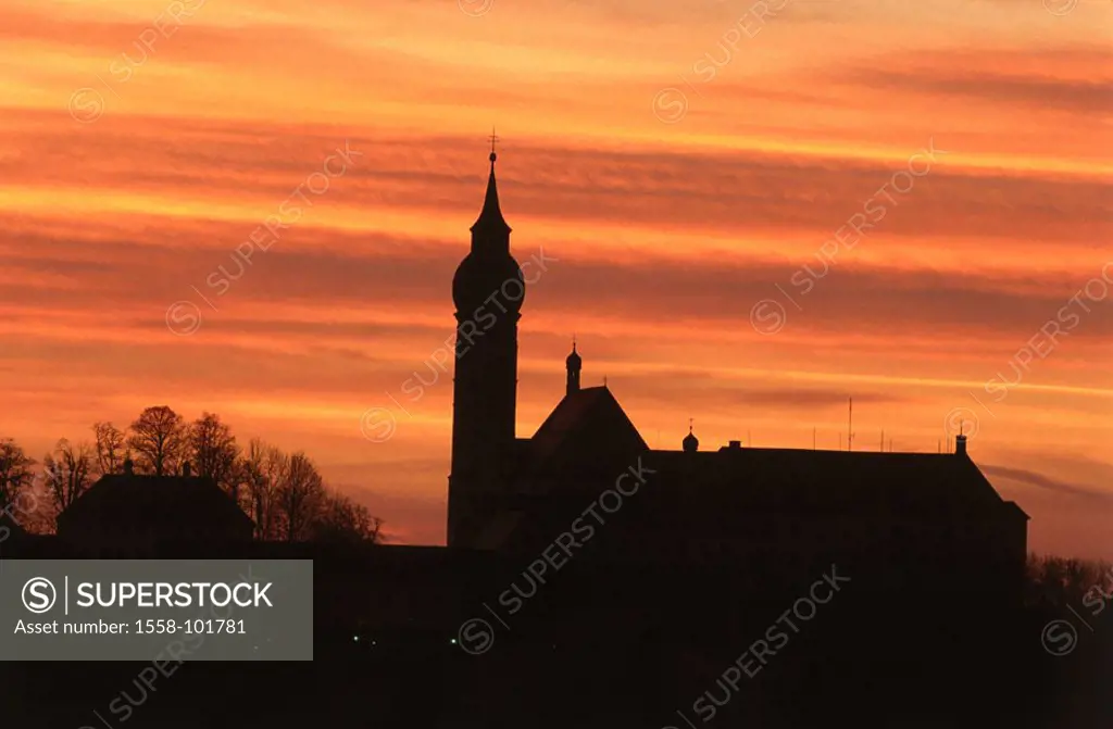 Germany, Upper Bavaria, Andechs, Benedictine Convent, silhouette,  Sunset,  Southern Germany, Bavaria, place of pilgrimage, cloister installation, clo...