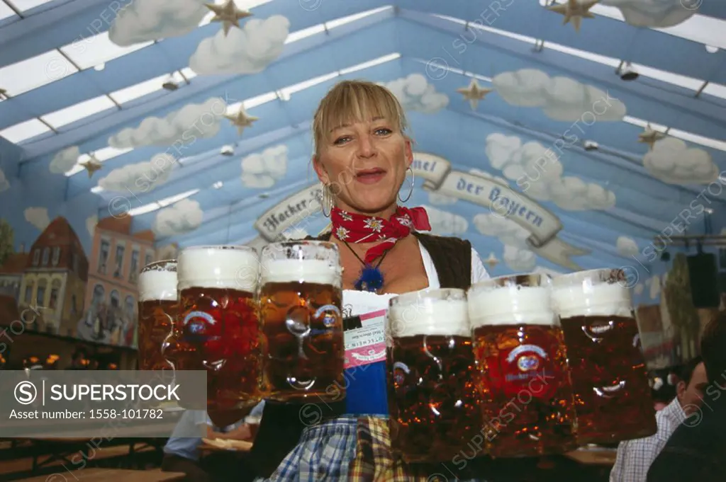 Carnival marquee, service, beer mugs, carries, smiling, , Germany, Southern Germany, Bavaria, Upper Bavaria, Munich, Oktoberfest, Wiesn, festival, Amu...
