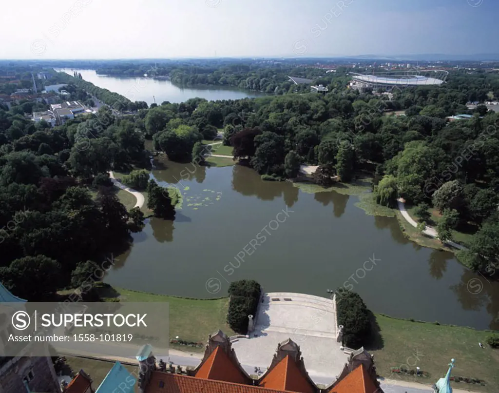 Germany, Lower Saxony, Hanover, Maschteich, Maschsee, gaze, AWD-Arena, Overview, no property release,  Landscape, park, park, forest, seas, river, rop...
