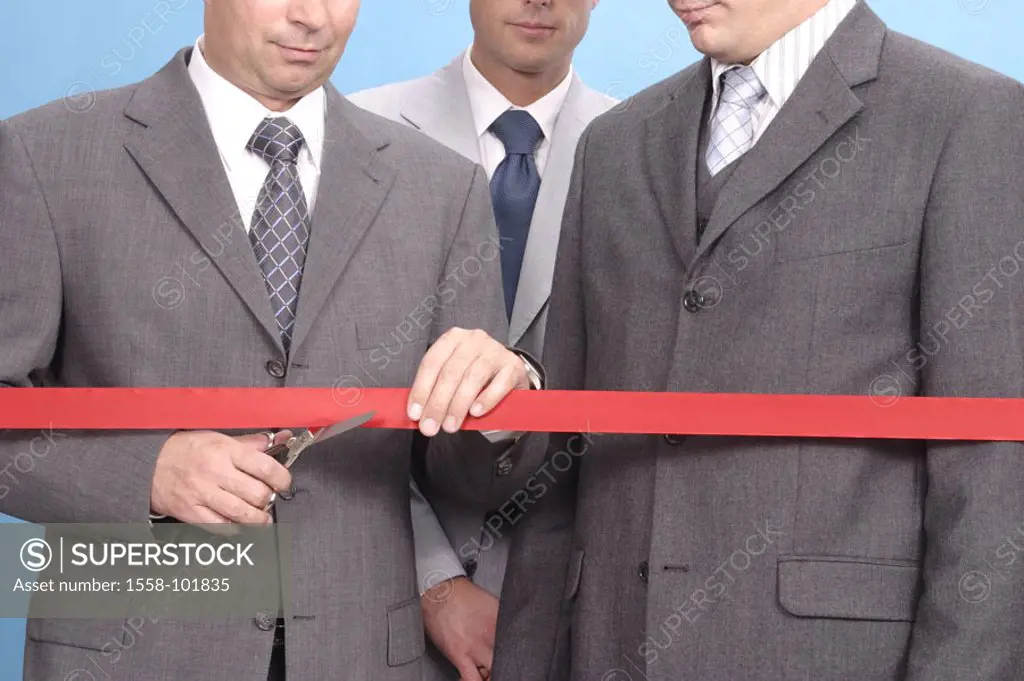 Businessmen, scissors, red bond, cuts through, symbolically, opening,   Business, ceremony, inauguration like ness, men, suit, politicians, officials,...