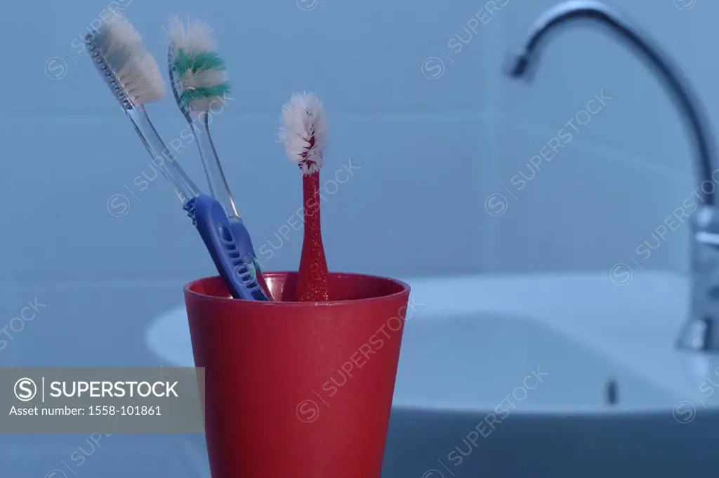 Bath, tooth finery cup, toothbrushes,  worn out, wareh-basins,   Bathrooms, cup red, toiletries, uses, uses, old, exchange demand, hygiene, personal h...