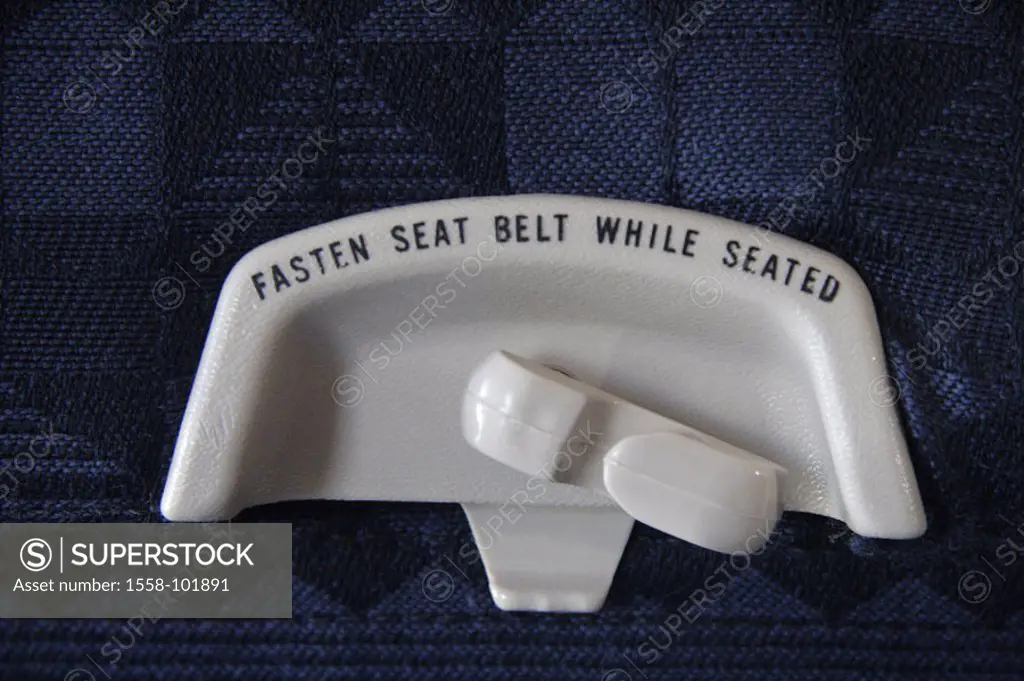 Airplane seat, back rest, detail,  Folding table locking, hint,  ´Seat Belt fast seated´ while,  Air traffic, flight trips, airplane, seat, passenger ...