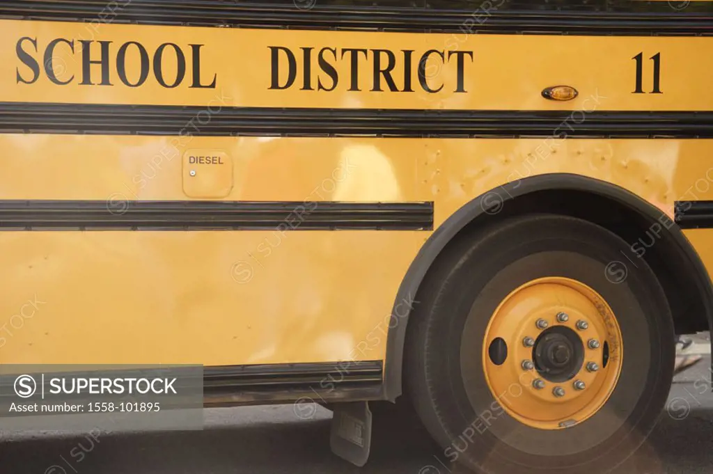 School bus, detail,    Vehicle, transportations, bus, bus yellow, side view, tires, writing, ´School District 11´ means of transportation publicly, pe...