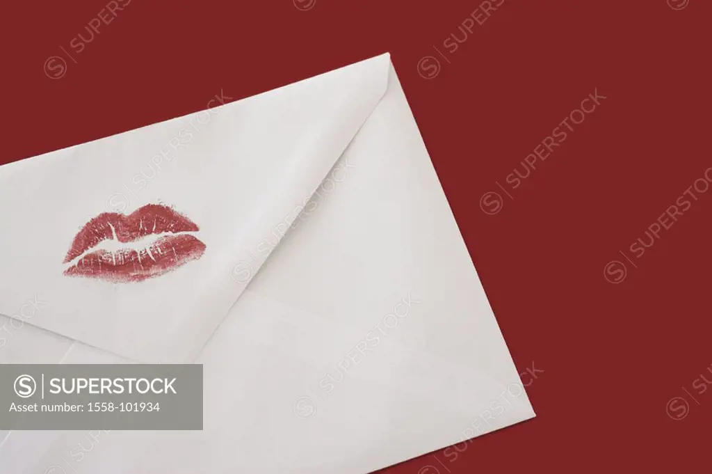 Envelope, detail, lip mark red,    Envelope, rear, mark, mouth, lips, lipstick mark, lipstick, symbol, love, kiss, kiss mouth, love letter, love messa...