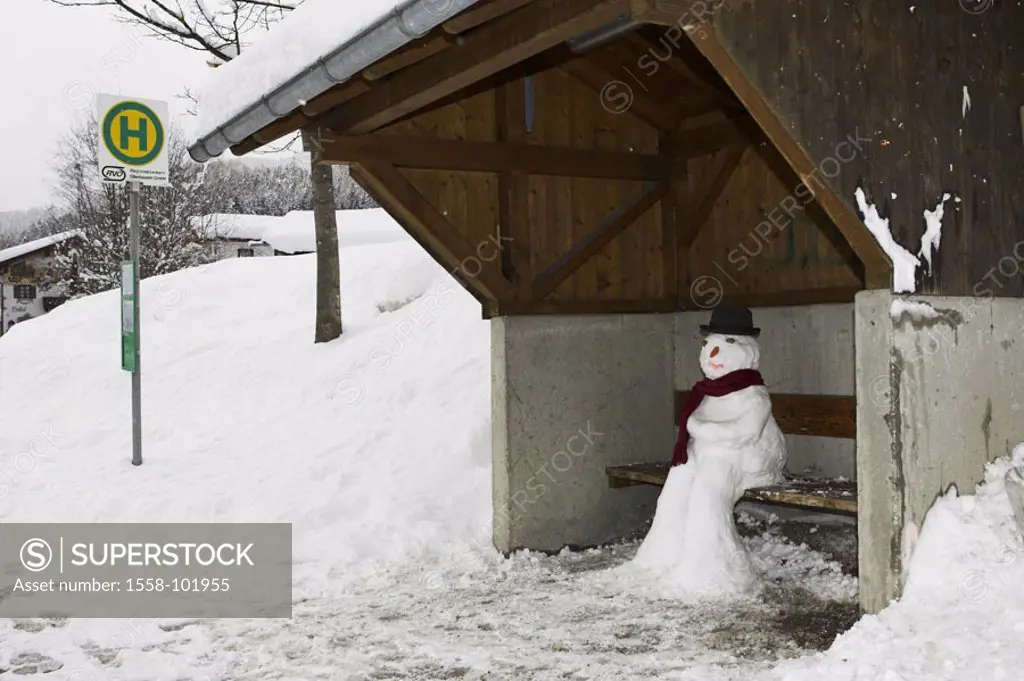 Bus stop, bench, snowman, Winters,   Series, stop, bus, shelters, wood bank, snow figure, symbol, means of transportation publicly, waiting, wait, pat...