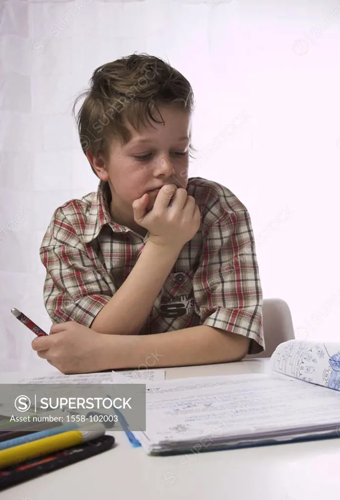 boy, homework, thoughtful,  Portrait,   Series, 10 years, child, freckles, students, schoolchild, exercises, arithmetic, practicing, learning, concent...
