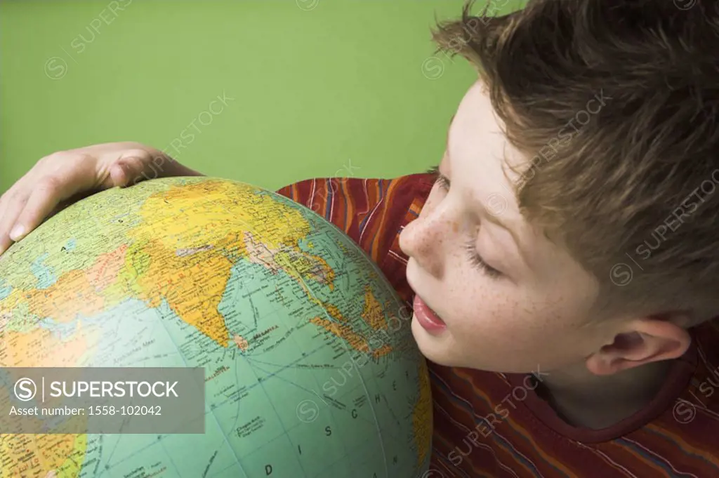 boy, globe, contemplating, detail,    Series, 10 years, child, globe, teaching material, looking at,  Interest, inquisitive, formation, learning, Lern...