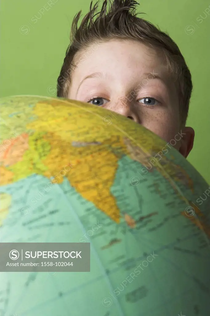 boy, globe, contemplating, detail,    Series, 10 years, child, globe, teaching material, looking at,  Interest, inquisitive, formation, learning, Lern...