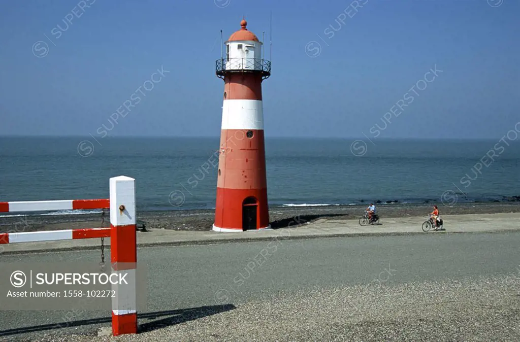 Netherlands, west chapel, beach, Lighthouse Noorderhoofd, cyclists, , Walcheren, tower, beacons, Seezeichen, navigation, shipping, guidance, navigatio...